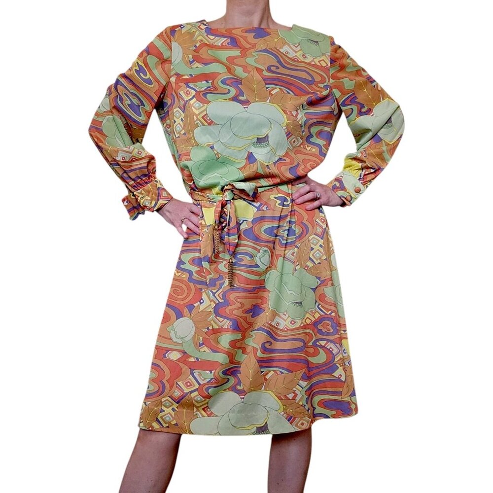 60s 70s Psychedelic Dress Belted Longsleeve Nylon Multi-color Groovy Sz L VTG